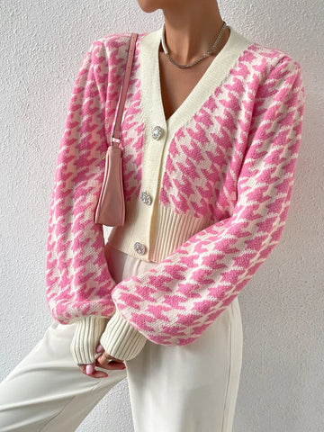 Frenchy Houndstooth Pattern Lantern Sleeve Cardigan