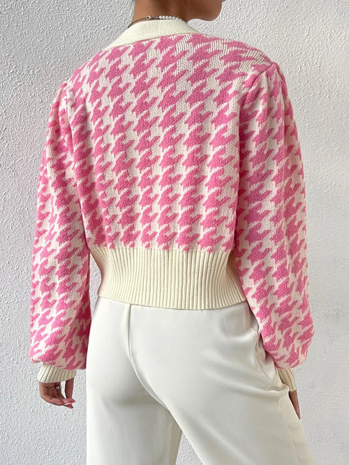Frenchy Houndstooth Pattern Lantern Sleeve Cardigan shein