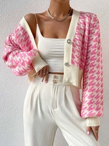 Frenchy Houndstooth Pattern Lantern Sleeve Cardigan