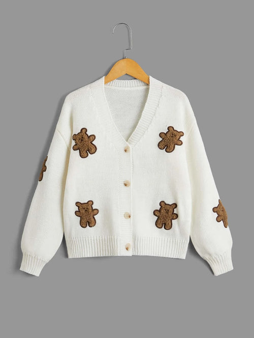 Streecool Kids Tween Girl Bear Embroidery Drop Shoulder Cardigan shein