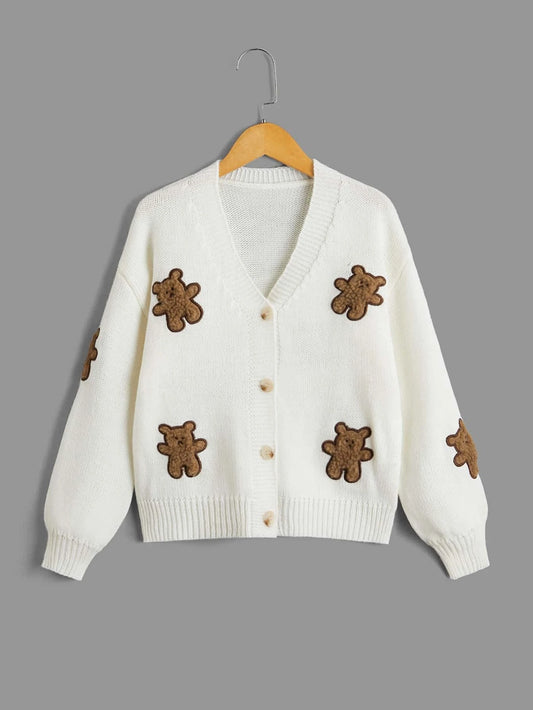 Streecool Kids Tween Girl Bear Embroidery Drop Shoulder Cardigan