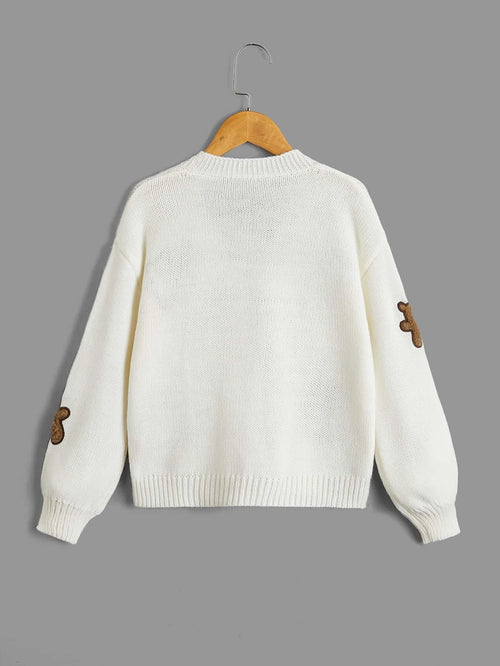Streecool Kids Tween Girl Bear Embroidery Drop Shoulder Cardigan shein