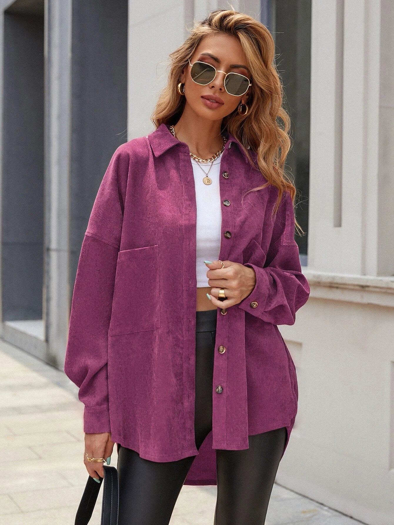 Essnce Women's Plain Color Commuter Casual Front Button Shirt Collar Pocket Detail Faux Leather Coat