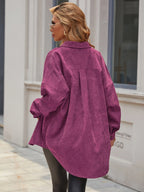 Essnce Women's Plain Color Commuter Casual Front Button Shirt Collar Pocket Detail Faux Leather Coat