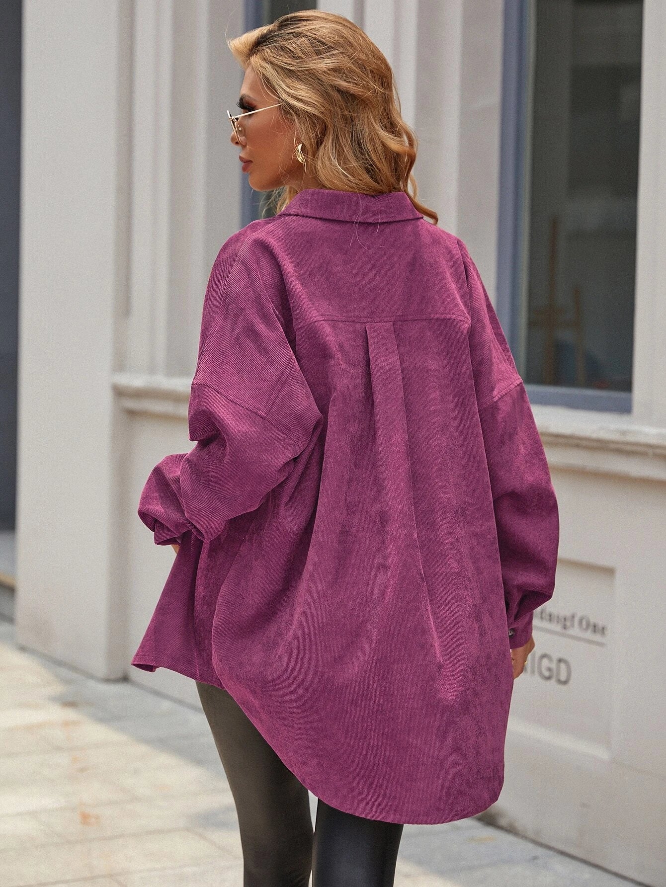 Essnce Women's Plain Color Commuter Casual Front Button Shirt Collar Pocket Detail Faux Leather Coat