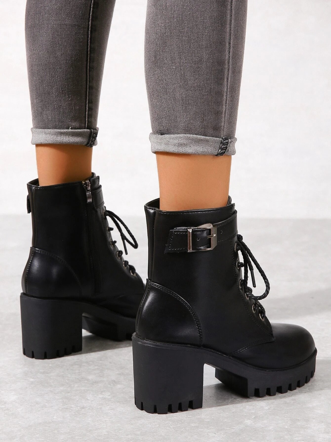 Punk Style Boots With Buckle Decoration, Side Zipper & Lace Up Design shein