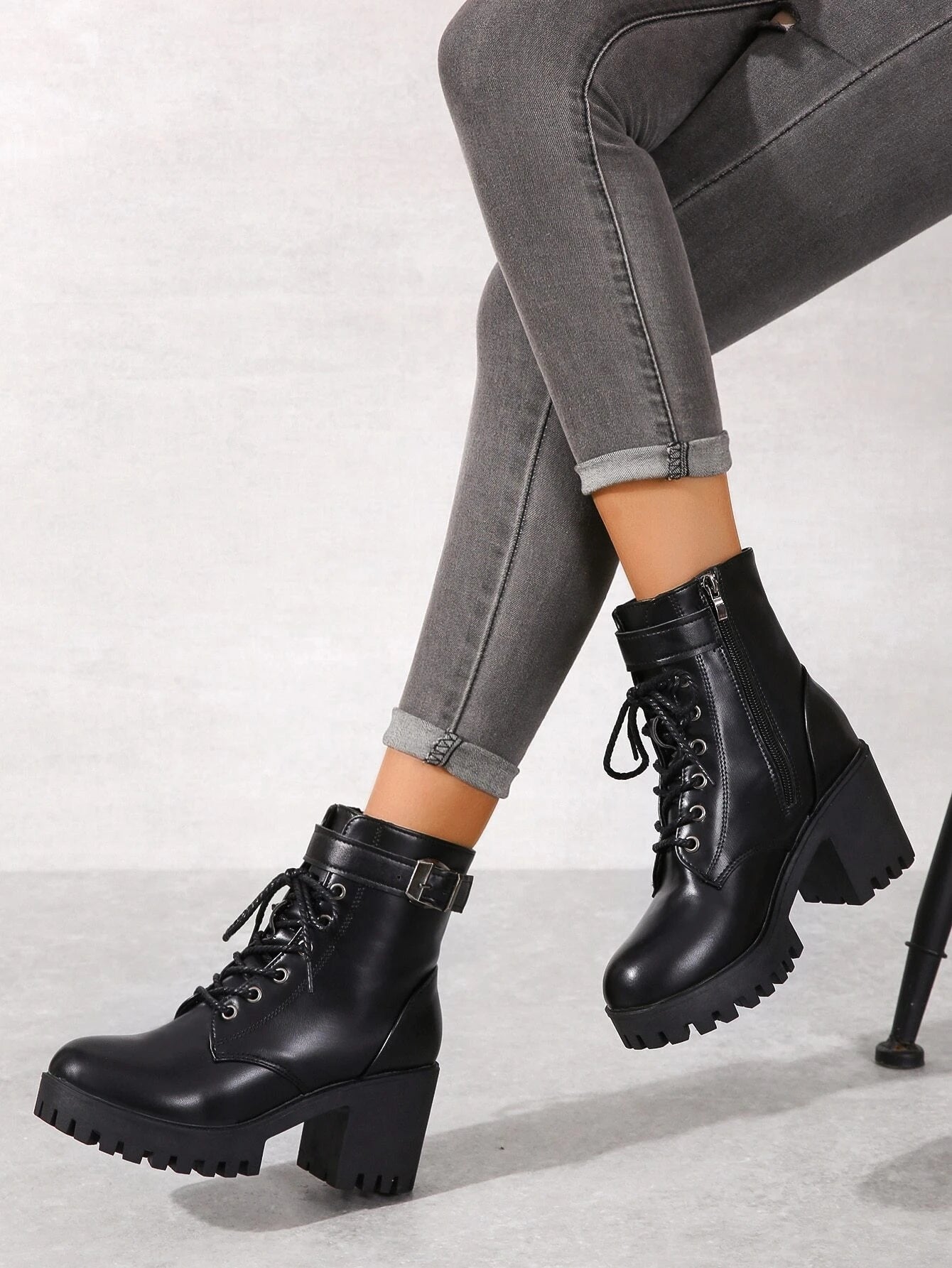 Punk Style Boots With Buckle Decoration, Side Zipper & Lace Up Design shein