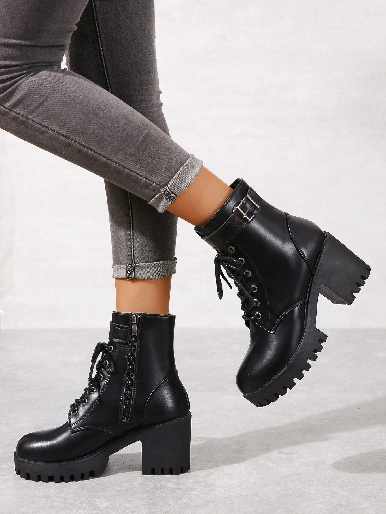 Punk Style Boots With Buckle Decoration, Side Zipper & Lace Up Design shein