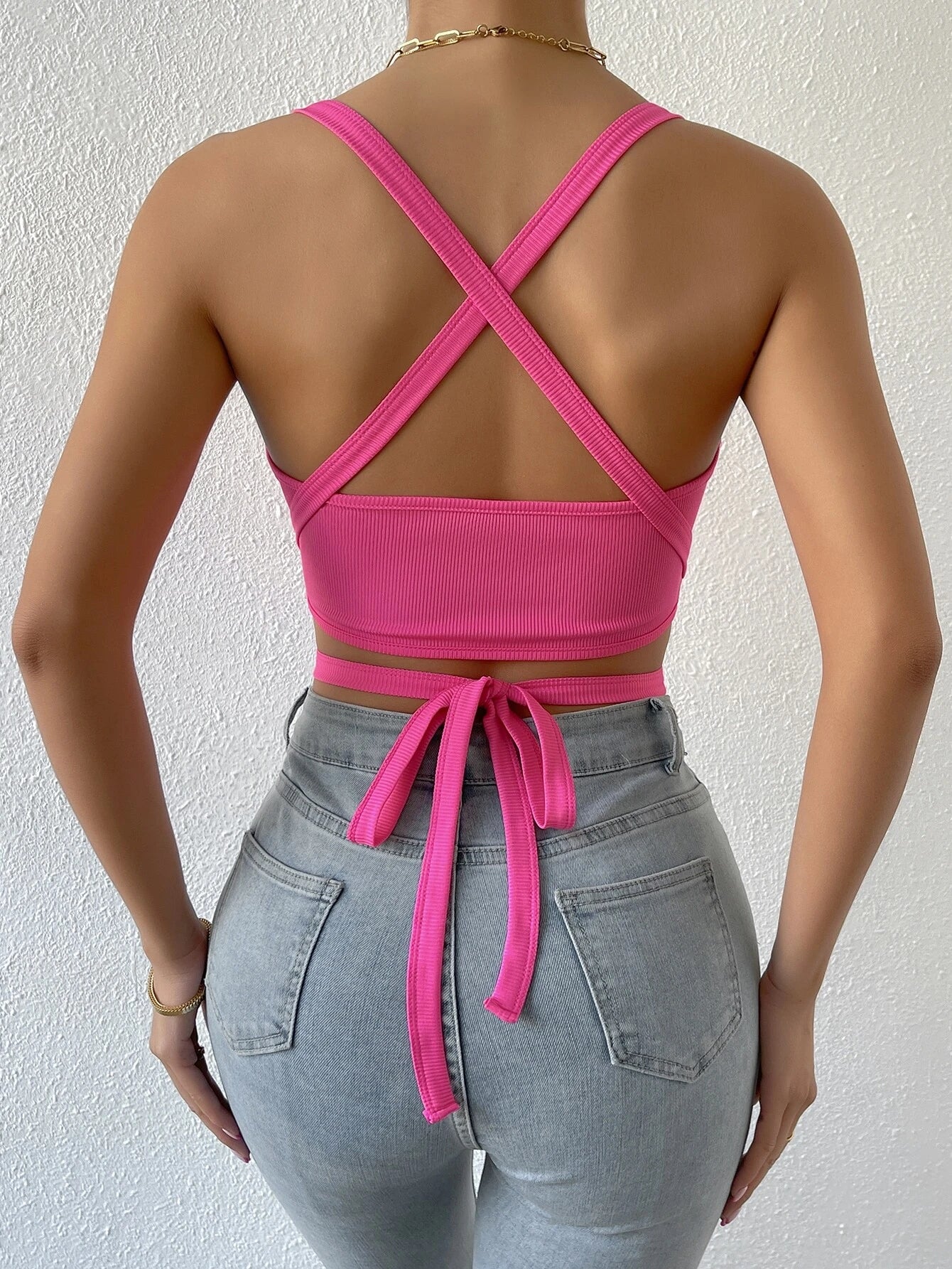 BAE Crisscross Tie Back Crop Halter Top shein