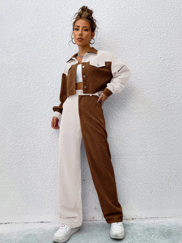 EZwear Two Tone Drop Shoulder Crop Jacket & High Waist Pants shein