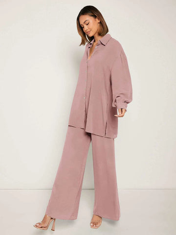 Frenchy Drop Shoulder Button Front Shirt & Wide Leg Pants shein