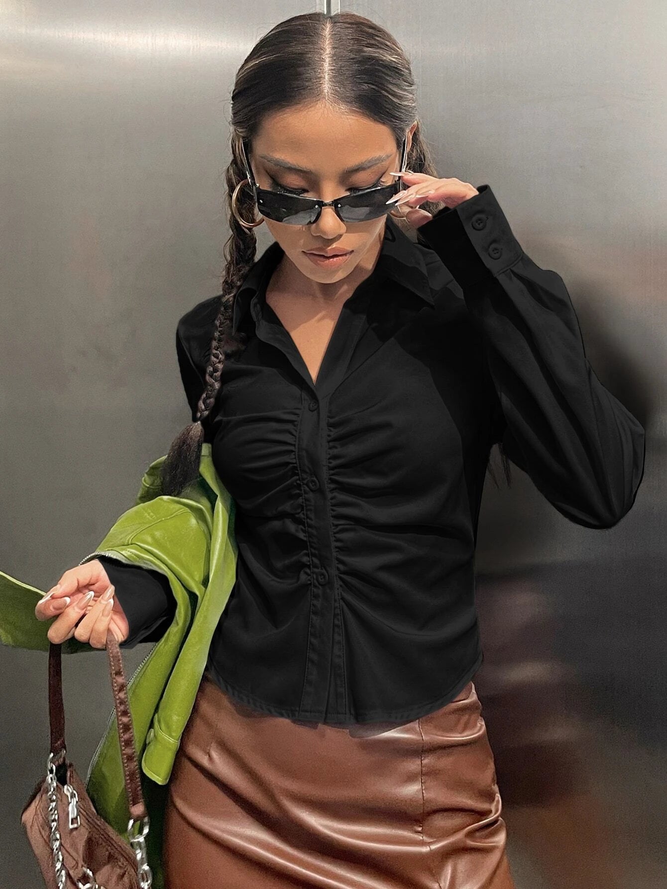 EZwear Solid Ruched Button Up Shirt shein