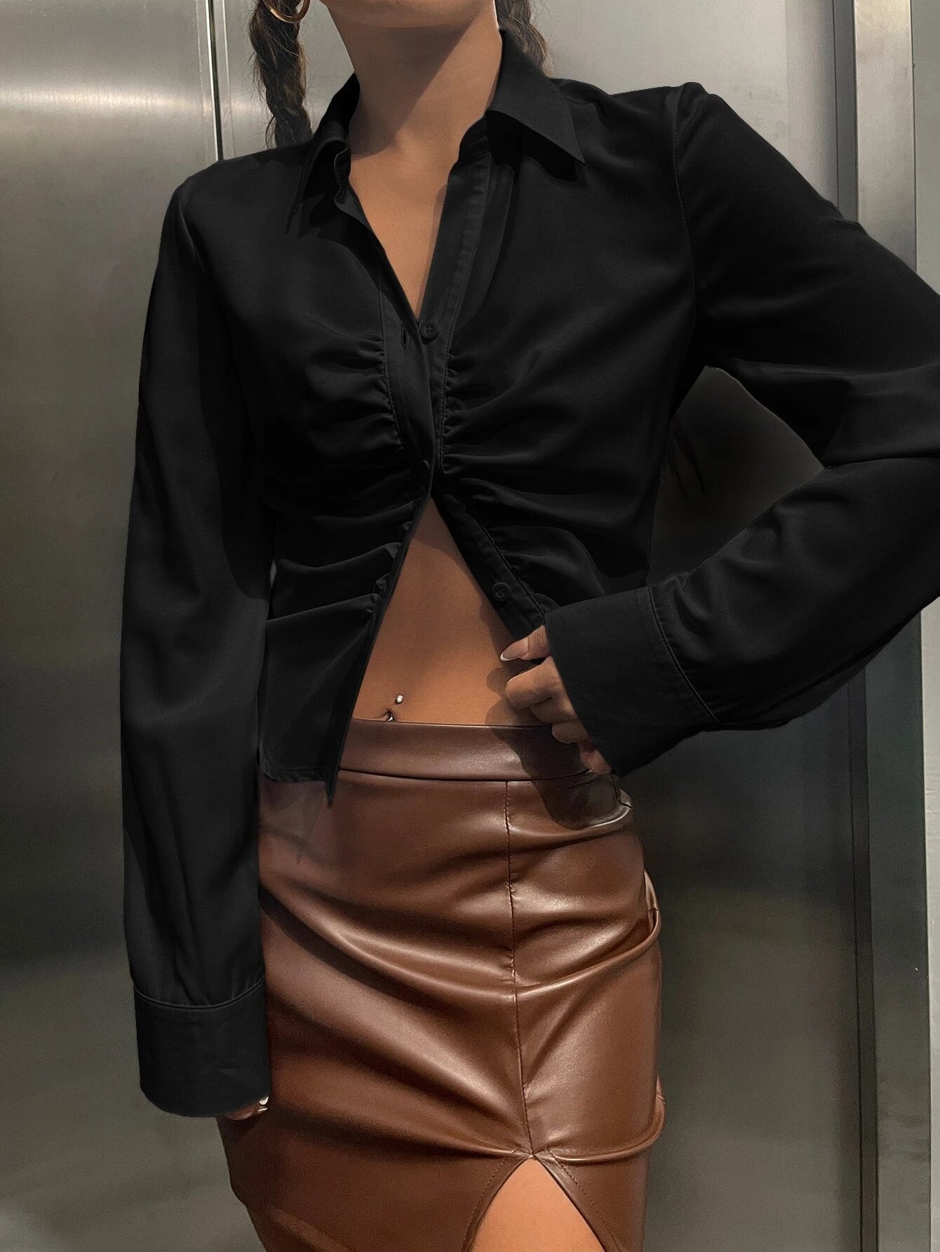 EZwear Solid Ruched Button Up Shirt shein