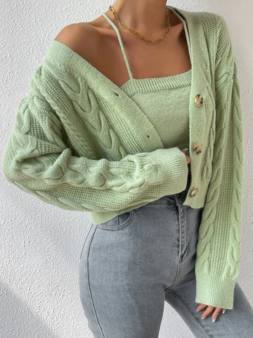 MOOSTA Drop Shoulder Cable Knit Cardigan & Crop Knit Top