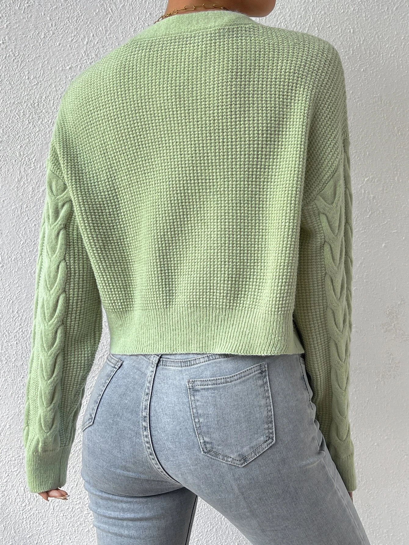 MOOSTA Drop Shoulder Cable Knit Cardigan & Crop Knit Top shein