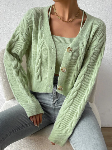 MOOSTA Drop Shoulder Cable Knit Cardigan & Crop Knit Top