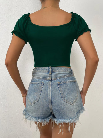 Raffinéa Ruched Front Sweetheart Neck Puff Sleeve Crop Tee