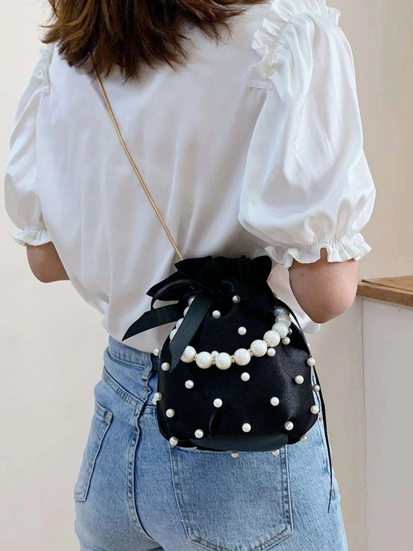 Mini Faux Pearl & Rhinestone Decor Bucket Bag Fashion Luxury Chic Mini Pearl Handle shein