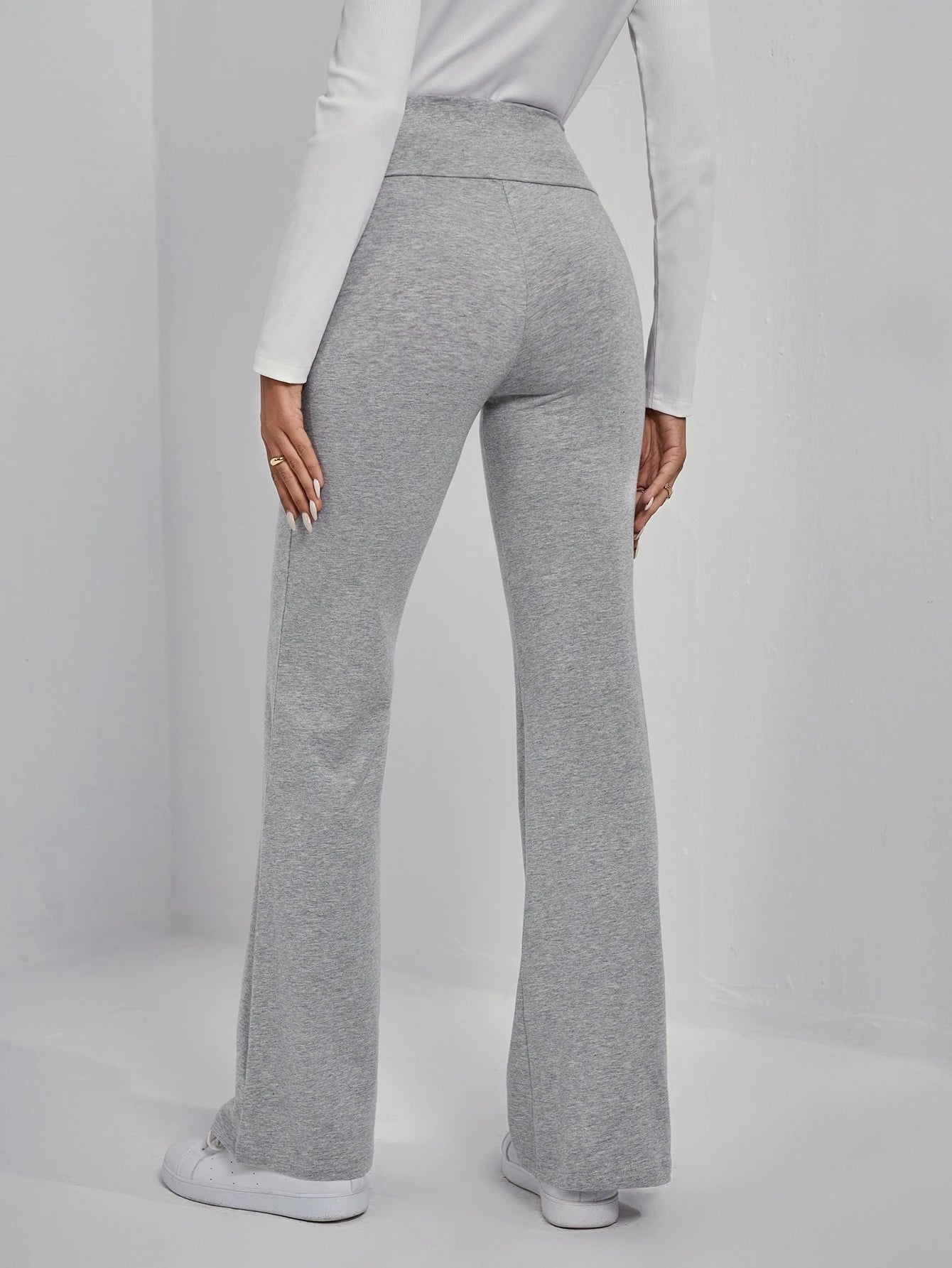 EZwear Wide Waistband Flare Leg Pants shein