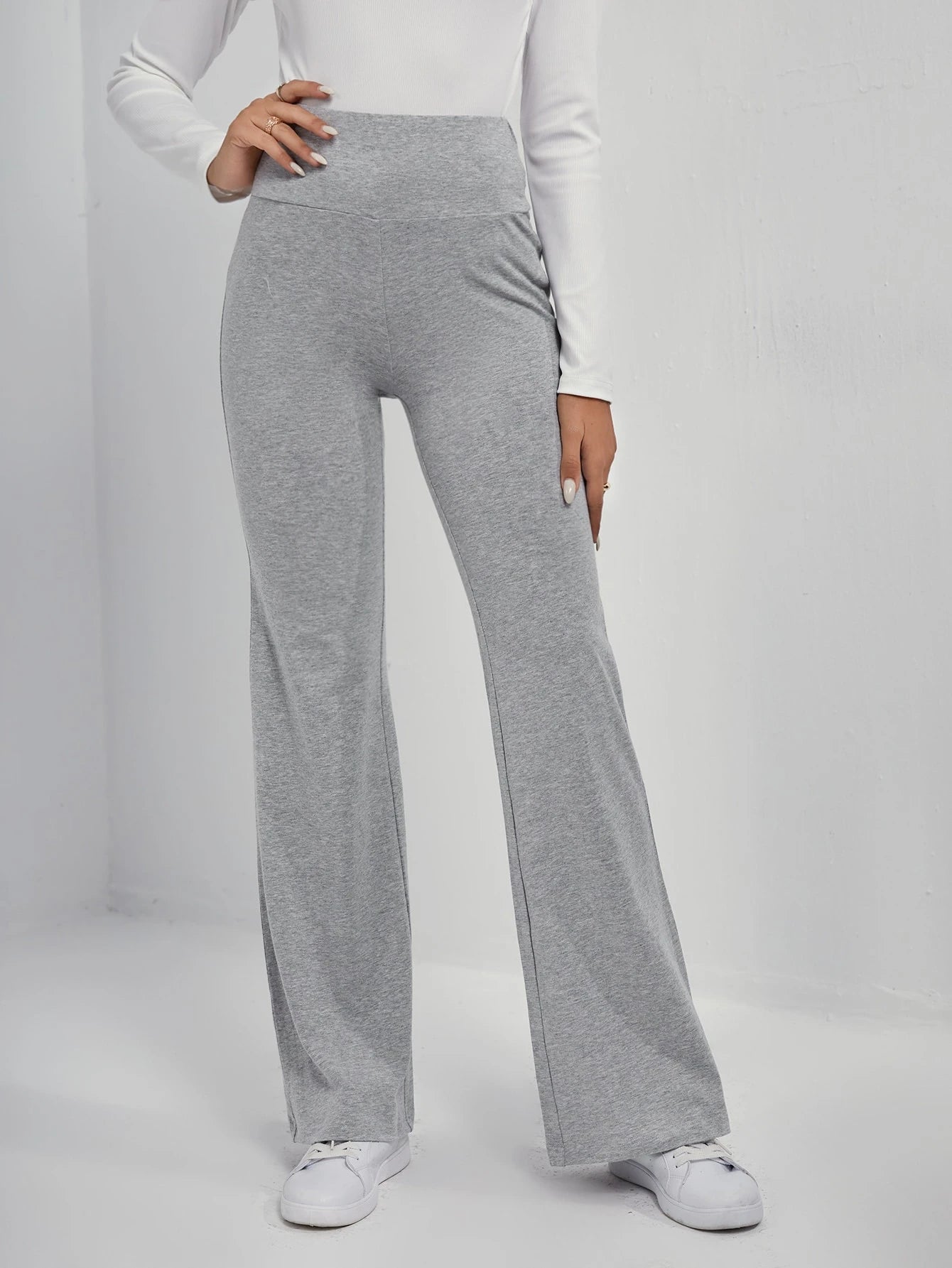 EZwear Wide Waistband Flare Leg Pants shein