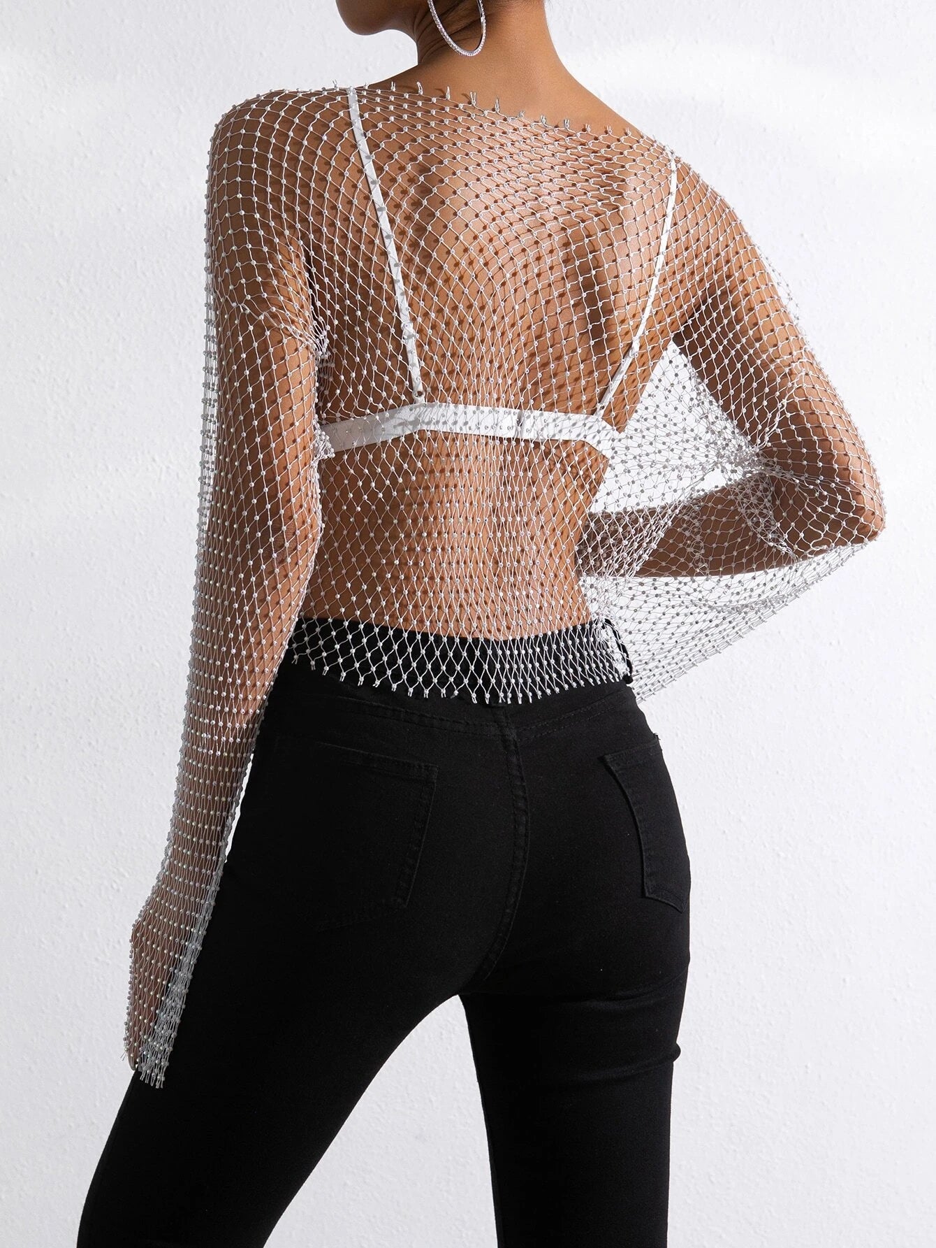 BAE Sheer Fishnet Metallic Top shein