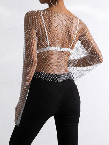 BAE Sheer Fishnet Metallic Top shein