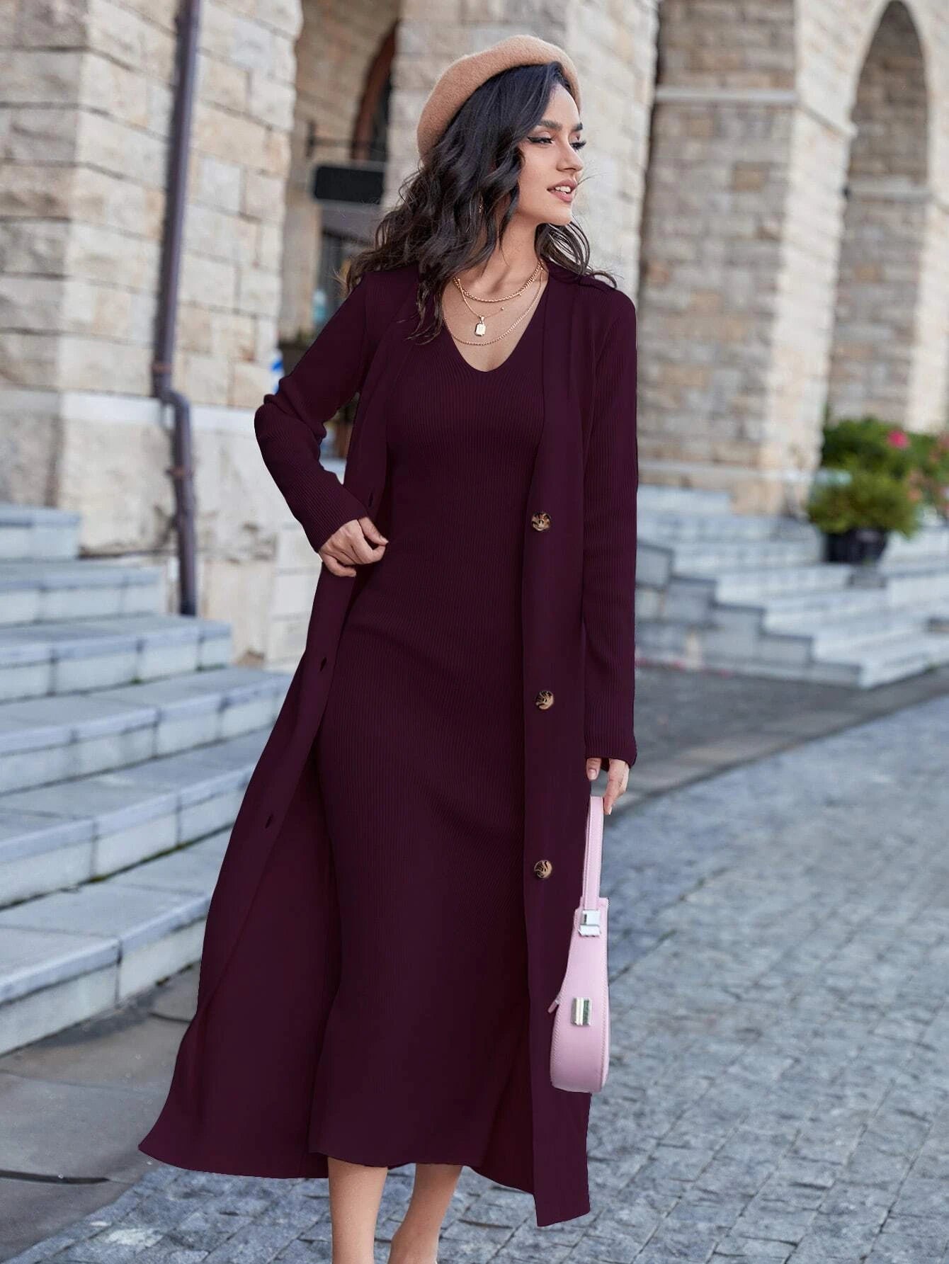 Modely Solid Sleeveless Sweater Dress & Button Front Cardigan shein