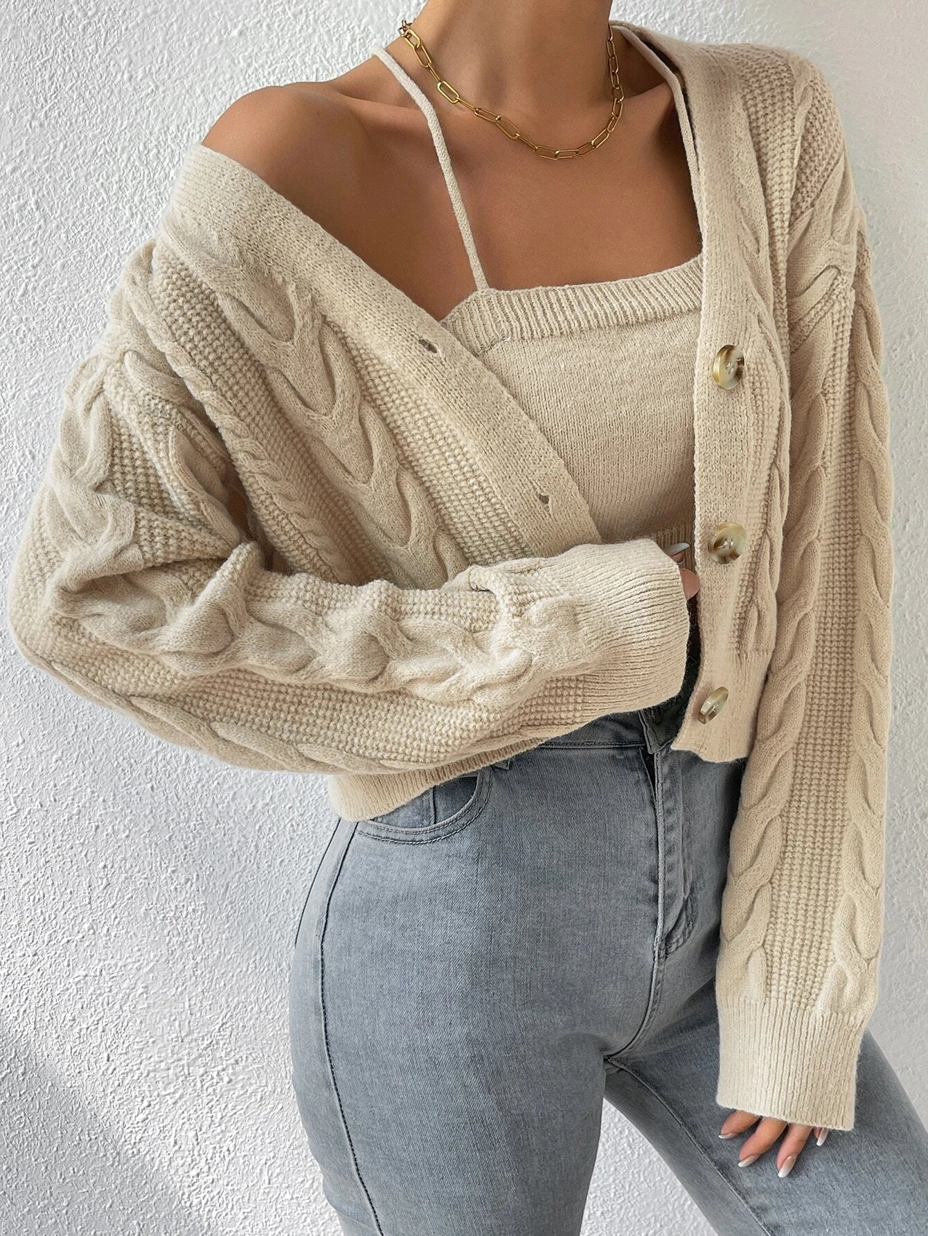 MOOSTA Drop Shoulder Cable Knit Cardigan & Crop Knit Top shein