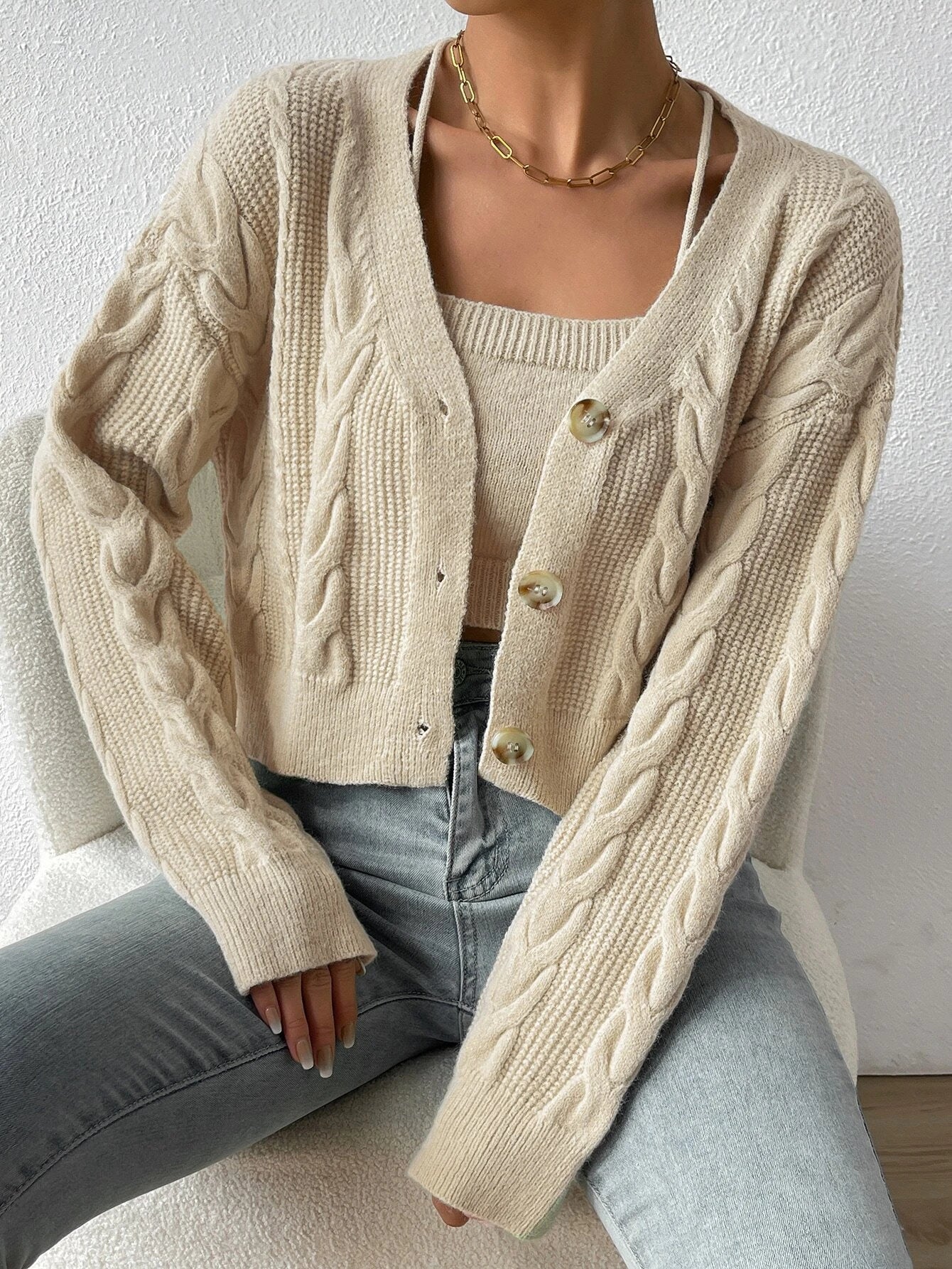 MOOSTA Drop Shoulder Cable Knit Cardigan & Crop Knit Top shein