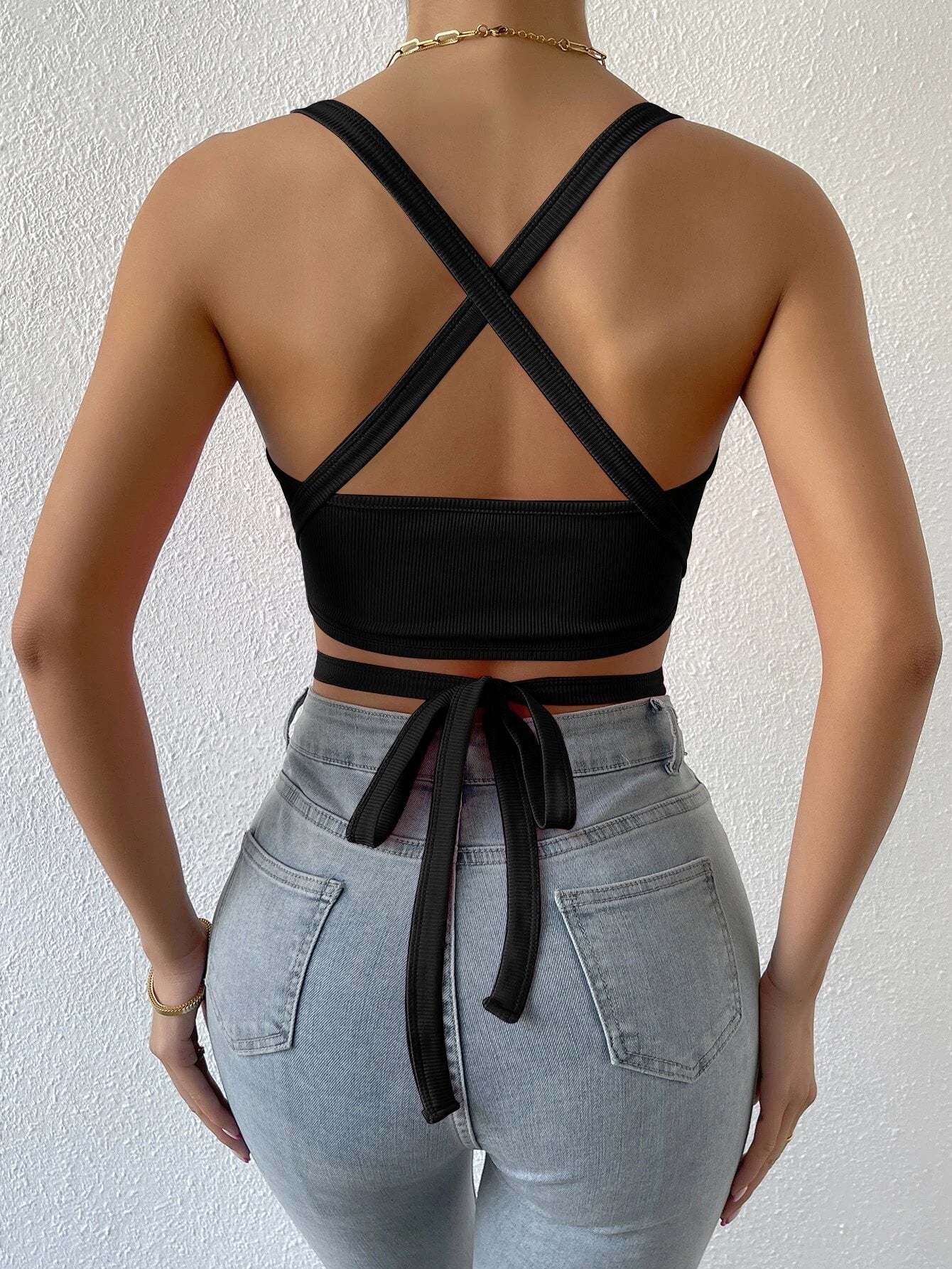 BAE Crisscross Tie Back Crop Halter Top shein