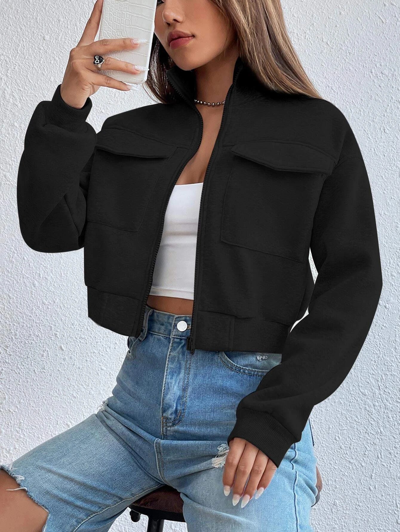 EZwear Solid Zip Up Drop Shoulder Sweatshirt shein