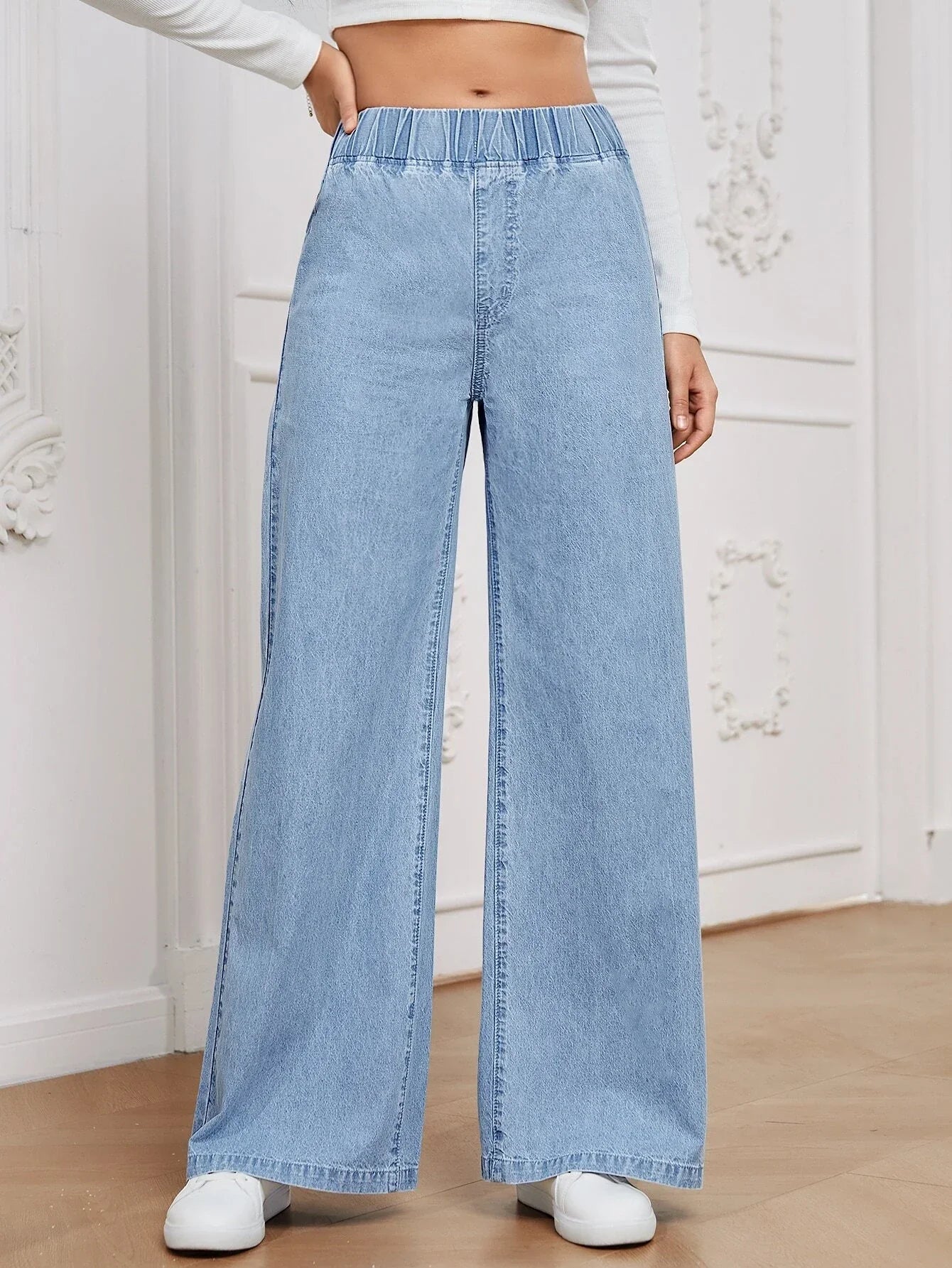 Essnce Solid Color Elastic Waist Denim Pants With Pockets shein
