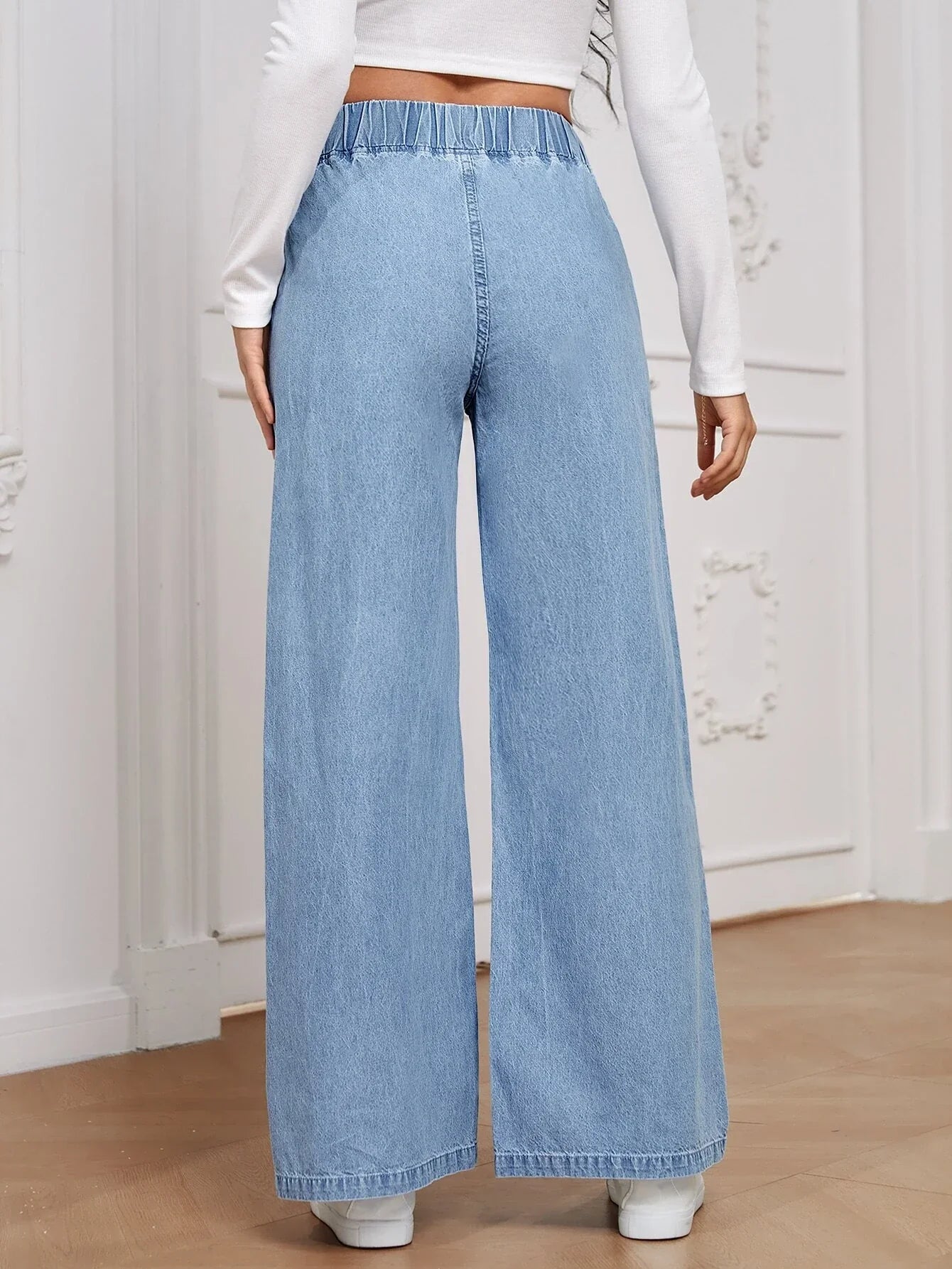 Essnce Solid Color Elastic Waist Denim Pants With Pockets