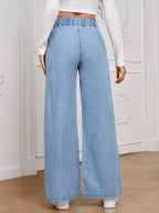 Essnce Solid Color Elastic Waist Denim Pants With Pockets shein