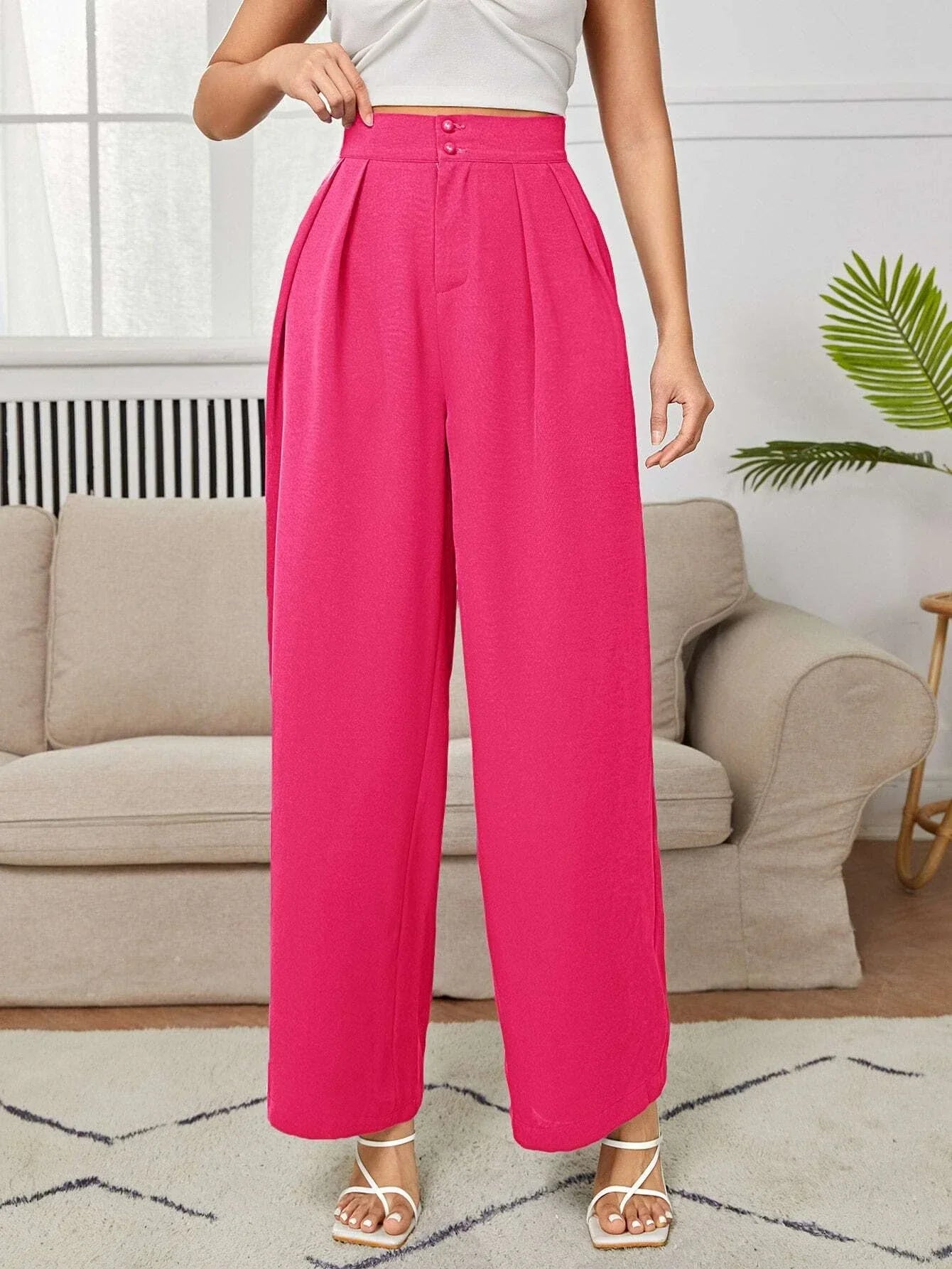 PETITE High Waist Plicated Wide Leg Black Dress Pants