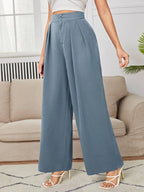 PETITE High Waist Plicated Wide Leg Black Dress Pants Shein