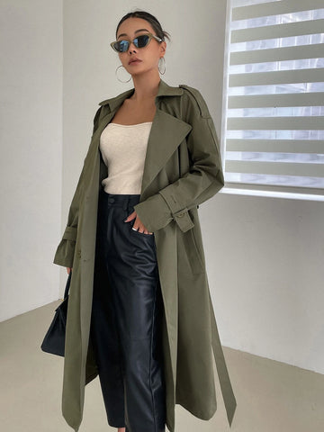 DAZY Raglan Sleeve Epaulettes Design Belted Trench Coat shein