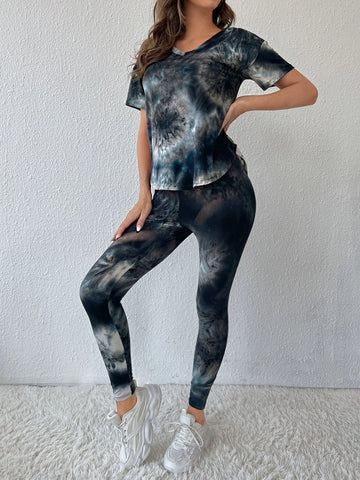 LUNE Tie Dye Drop Shoulder Top & Leggings Set shein