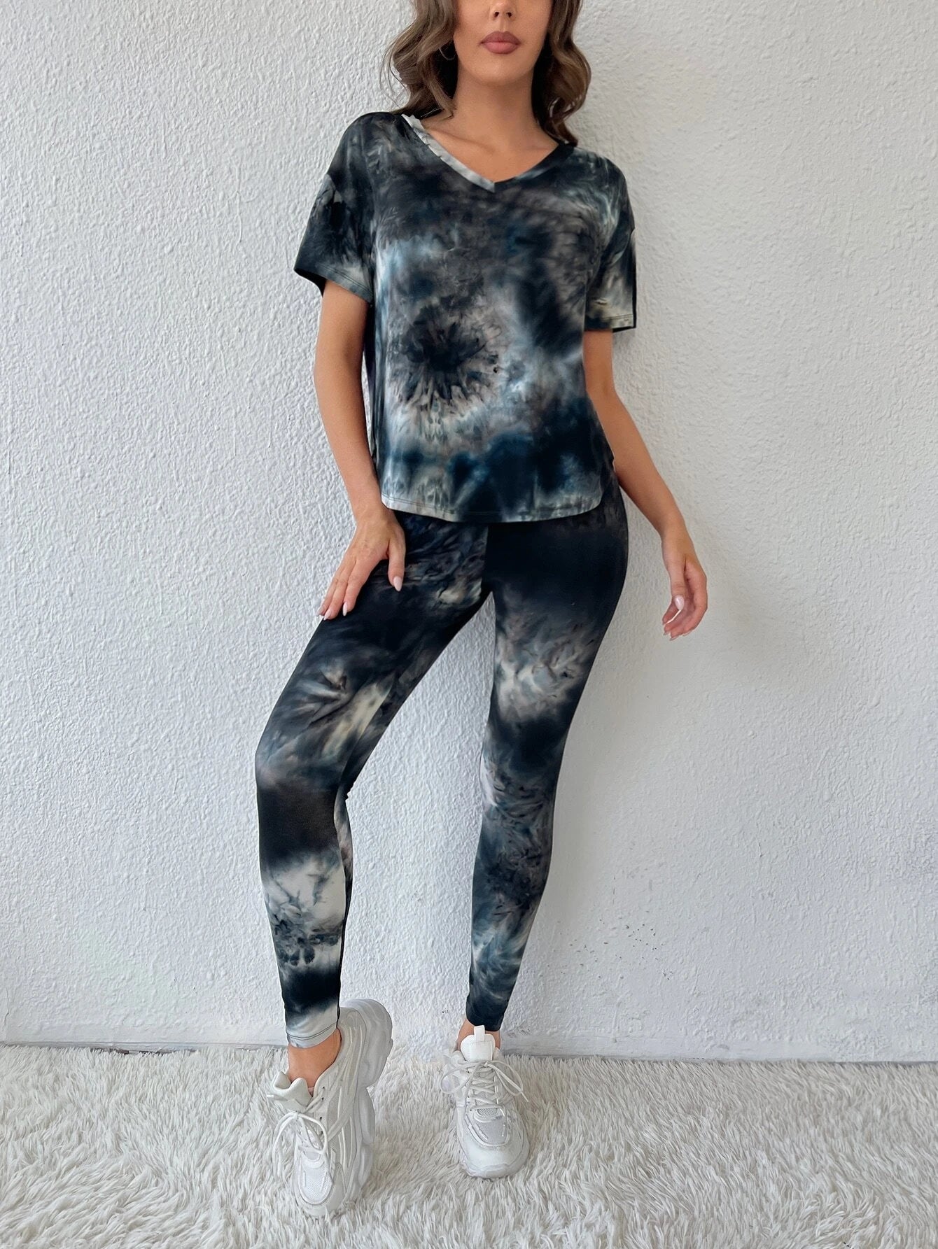 LUNE Tie Dye Drop Shoulder Top & Leggings Set shein