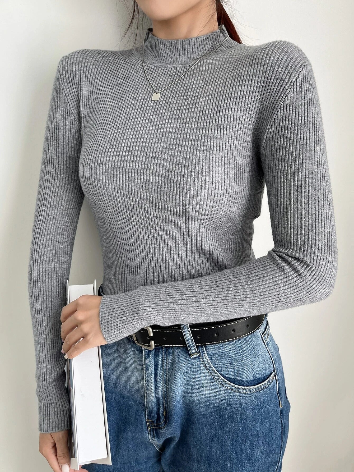 DAZY Women's Solid Stand Collar Long Sleeve Casual Business Pullover Sweater shein