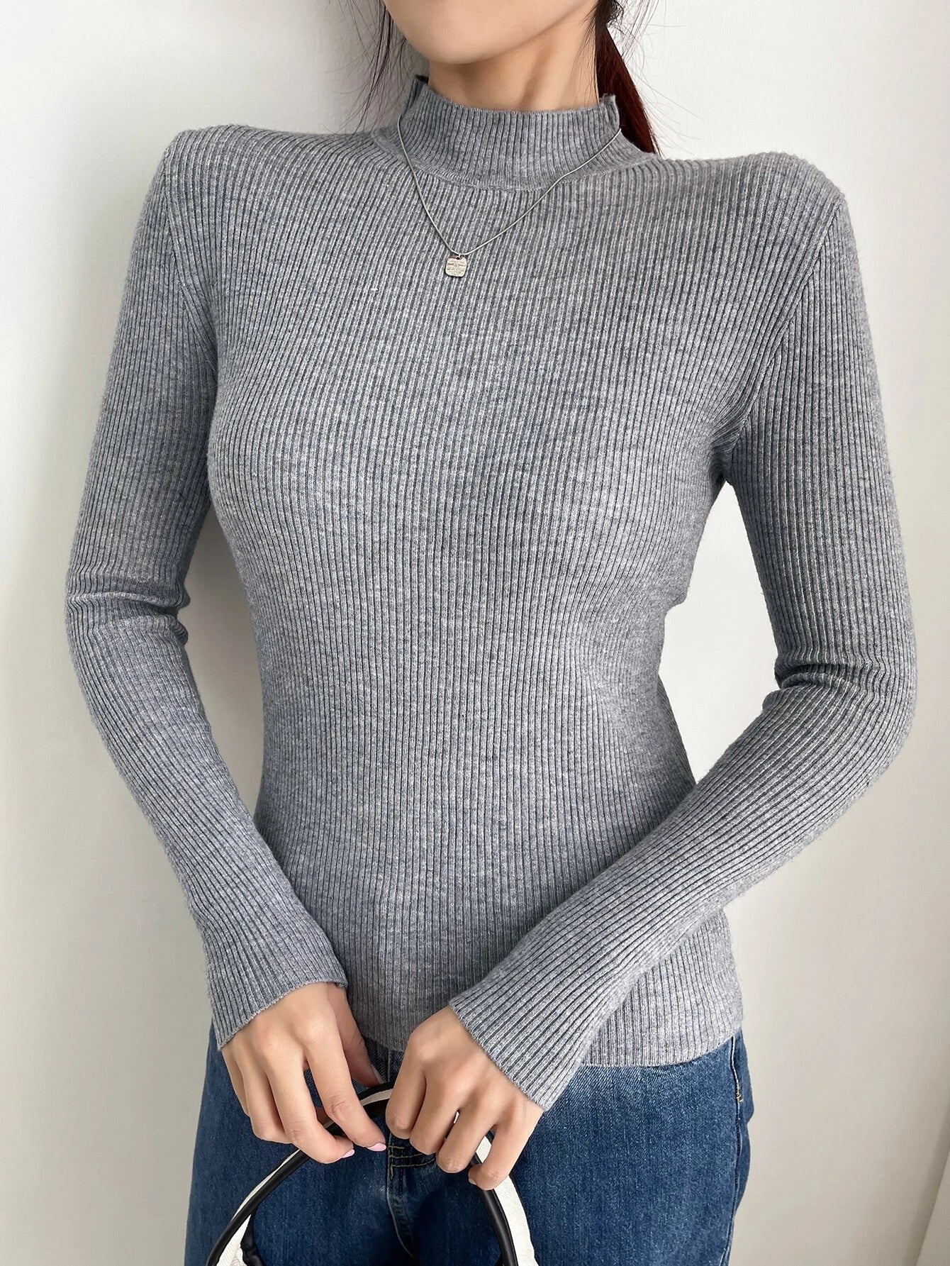 DAZY Women's Solid Stand Collar Long Sleeve Casual Business Pullover Sweater shein