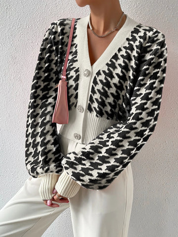 Frenchy Houndstooth Pattern Lantern Sleeve Cardigan