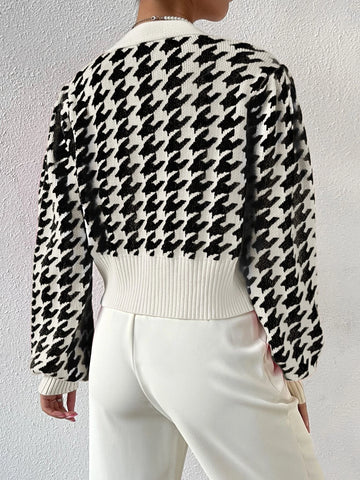 Frenchy Houndstooth Pattern Lantern Sleeve Cardigan