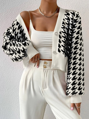 Frenchy Houndstooth Pattern Lantern Sleeve Cardigan