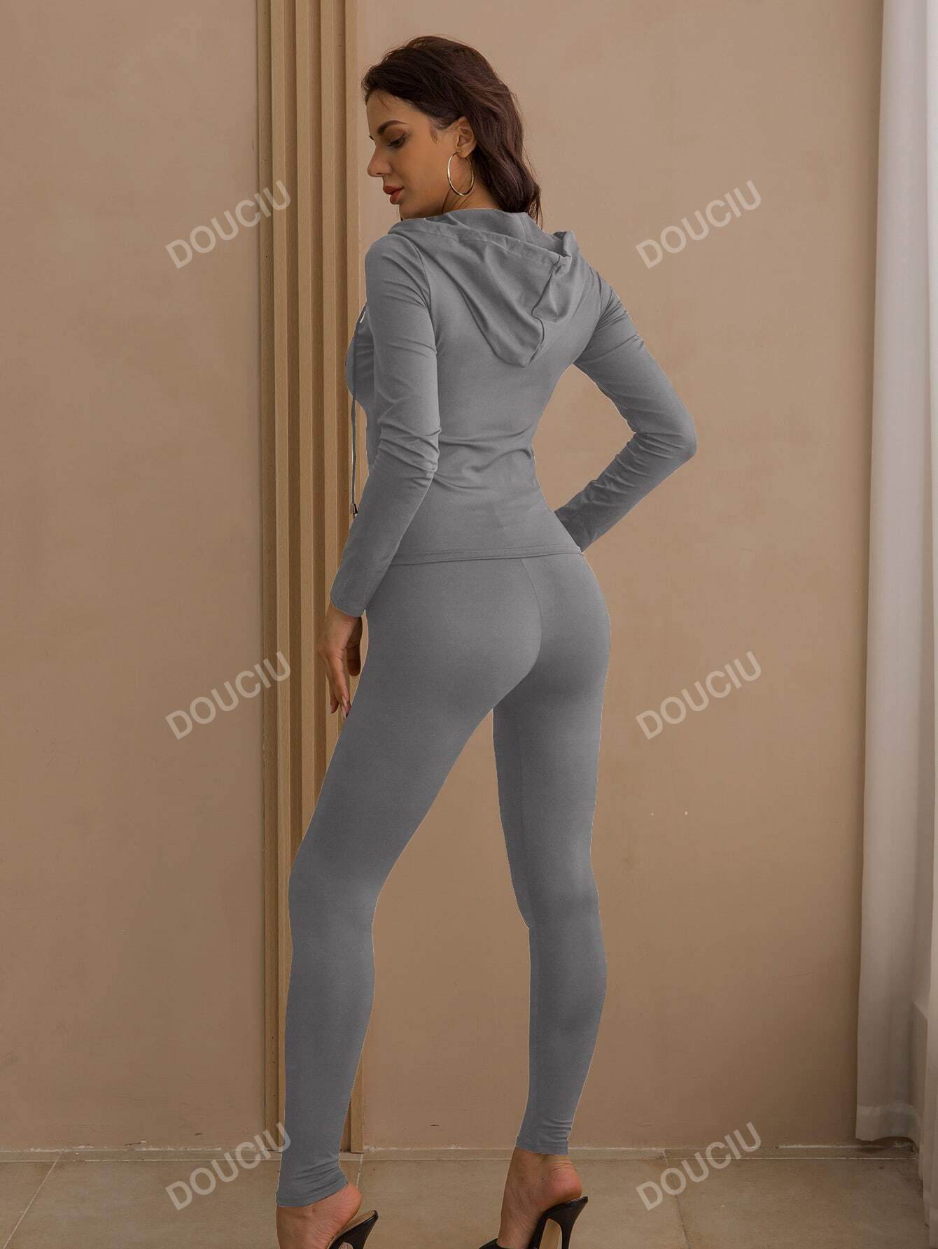 Drawstring Kangaroo Pocket Zipper Up Placket Hooded Sweatshirt & Leggings Sweat Suit shein