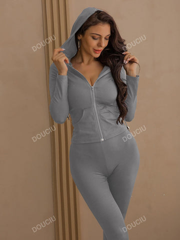 Drawstring Kangaroo Pocket Zipper Up Placket Hooded Sweatshirt & Leggings Sweat Suit shein