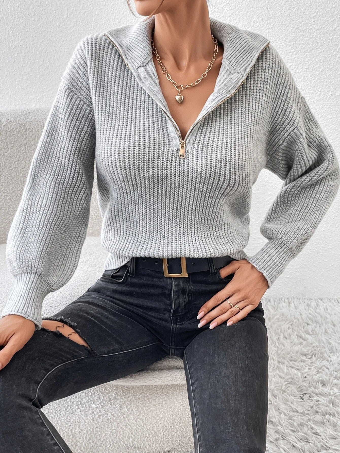 Frenchy Half Zip Drop Shoulder Grain Sweater shein