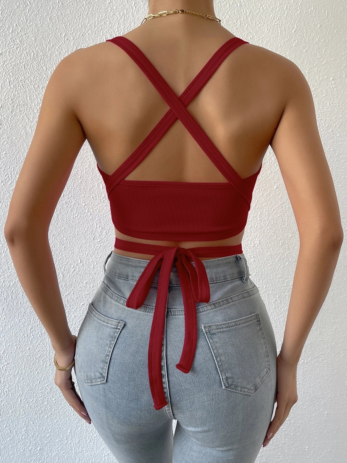 BAE Crisscross Tie Back Crop Halter Top shein