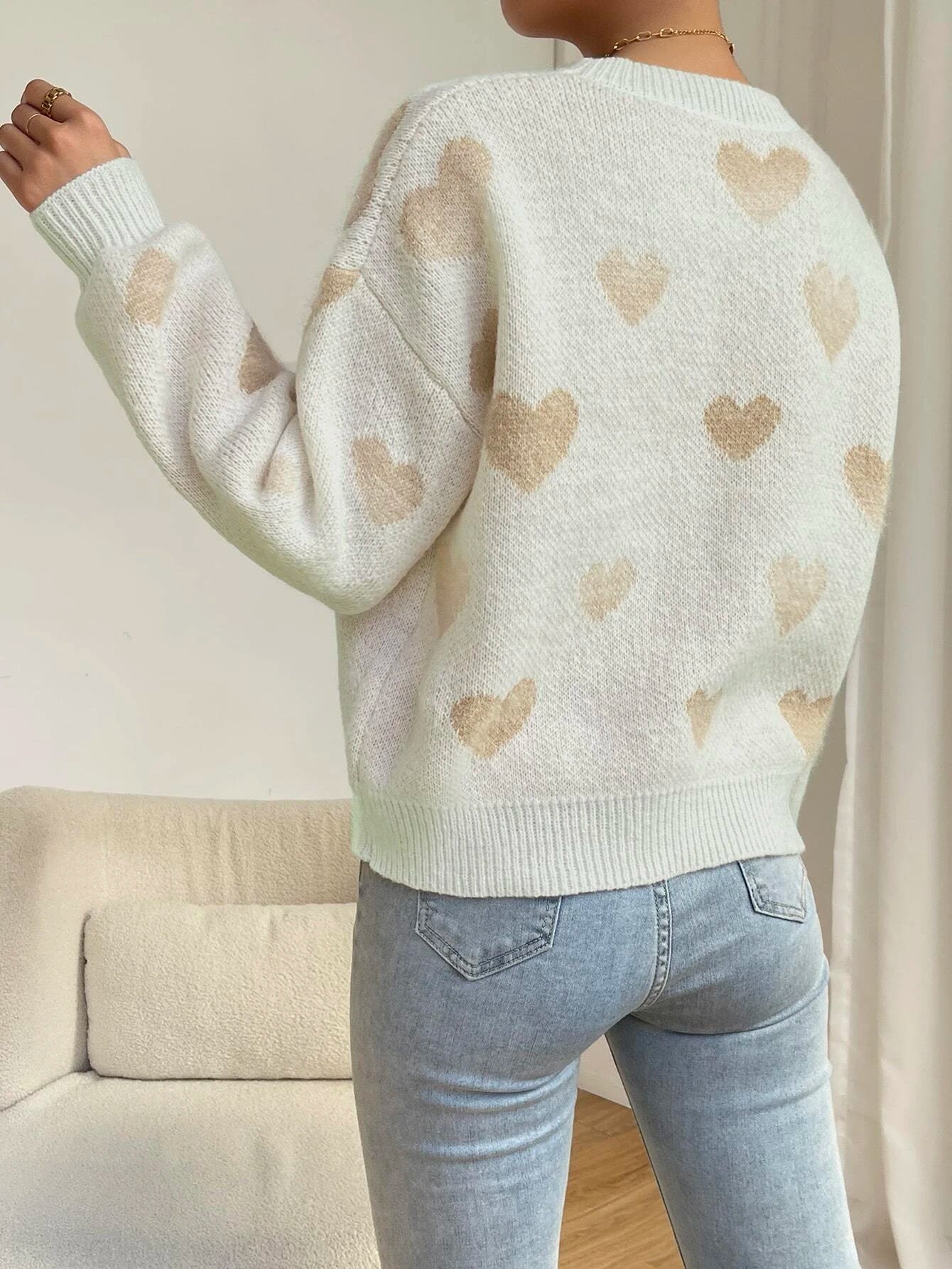 Relaxiva Women Casual Heart Pattern Dropped Shoulder Loose Knit Sweater shein