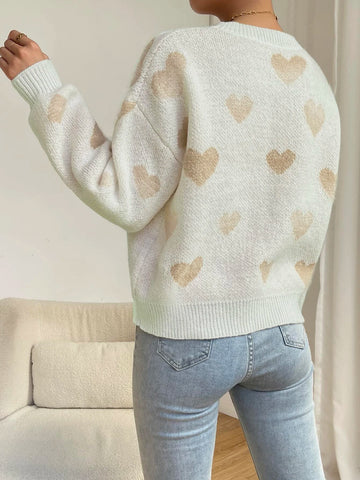 Relaxiva Women Casual Heart Pattern Dropped Shoulder Loose Knit Sweater